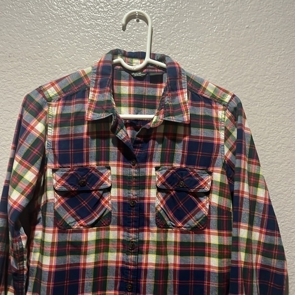 Eddie Bauer Flannel Shirt Women M Navy Blue Pink Plaid Pockets 100% Cotton - Picture 3 of 8